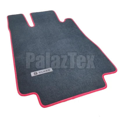 1999-2006 mercedes w220 mavi halı paspas, metal s class logolu, kırmızı kenarlı beyaz dikişli