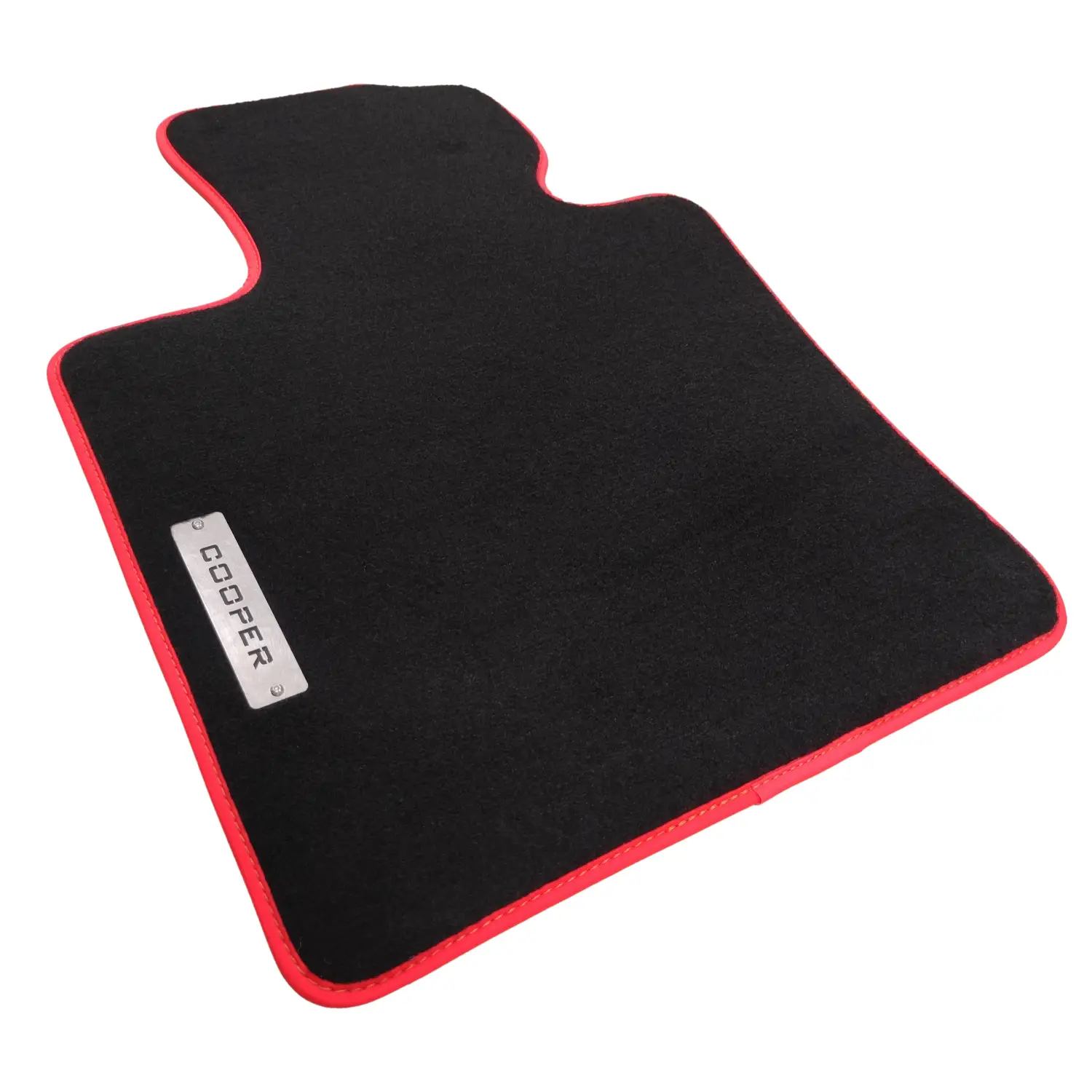 Mini Cooper uyumlu siyah velur halı paspas, kırmızı kenarlı ve metal logolu