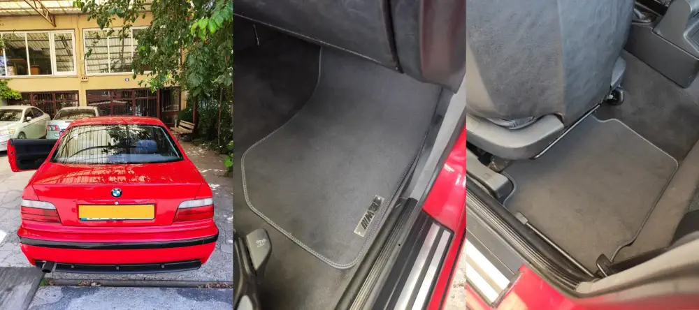 bmw e36 velur paspas uygulaması, gri velur halı ve m3 metal logolu