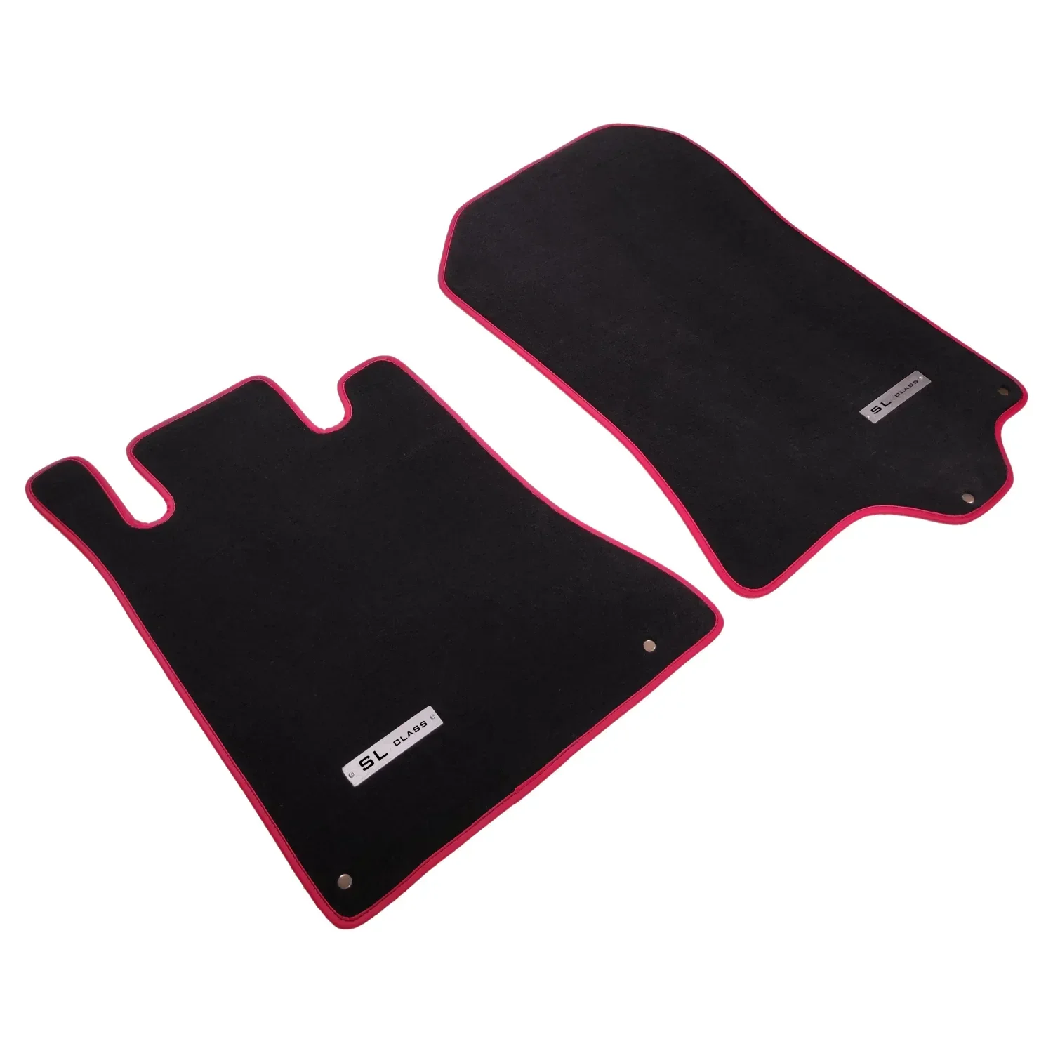 Mercedes R129 kasa kodlu SL serisi ile uyumlu, kırmızı kenar dikişli lüks siyah halı paspas takımı (sürücü ve yolcu tarafı).