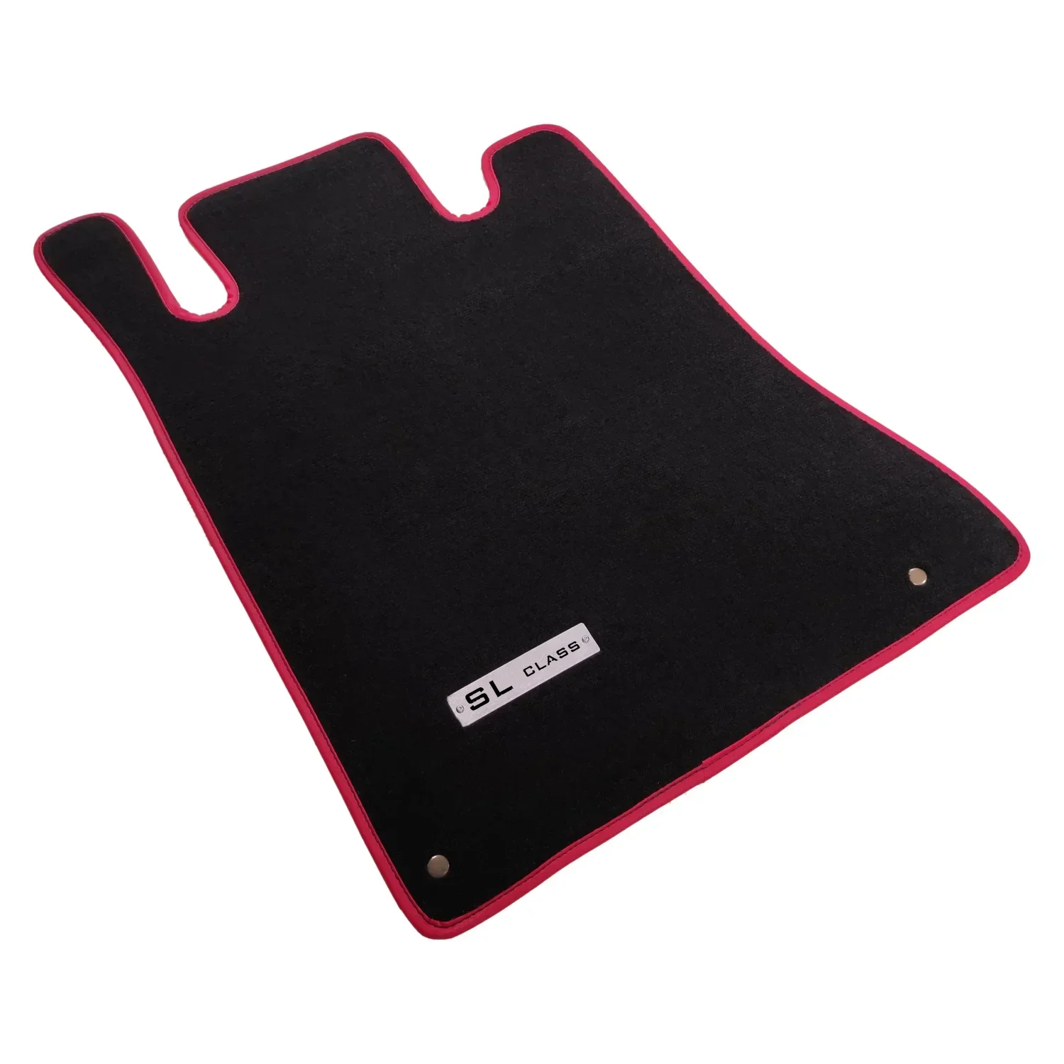 Mercedes-Benz SL Class R129 serisi için özel tasarım, kırmızı biye şeritli siyah velur halı paspas. Üzerinde metal "SL Class" logosu ve sabitleme klipsleri bulunmaktadır.