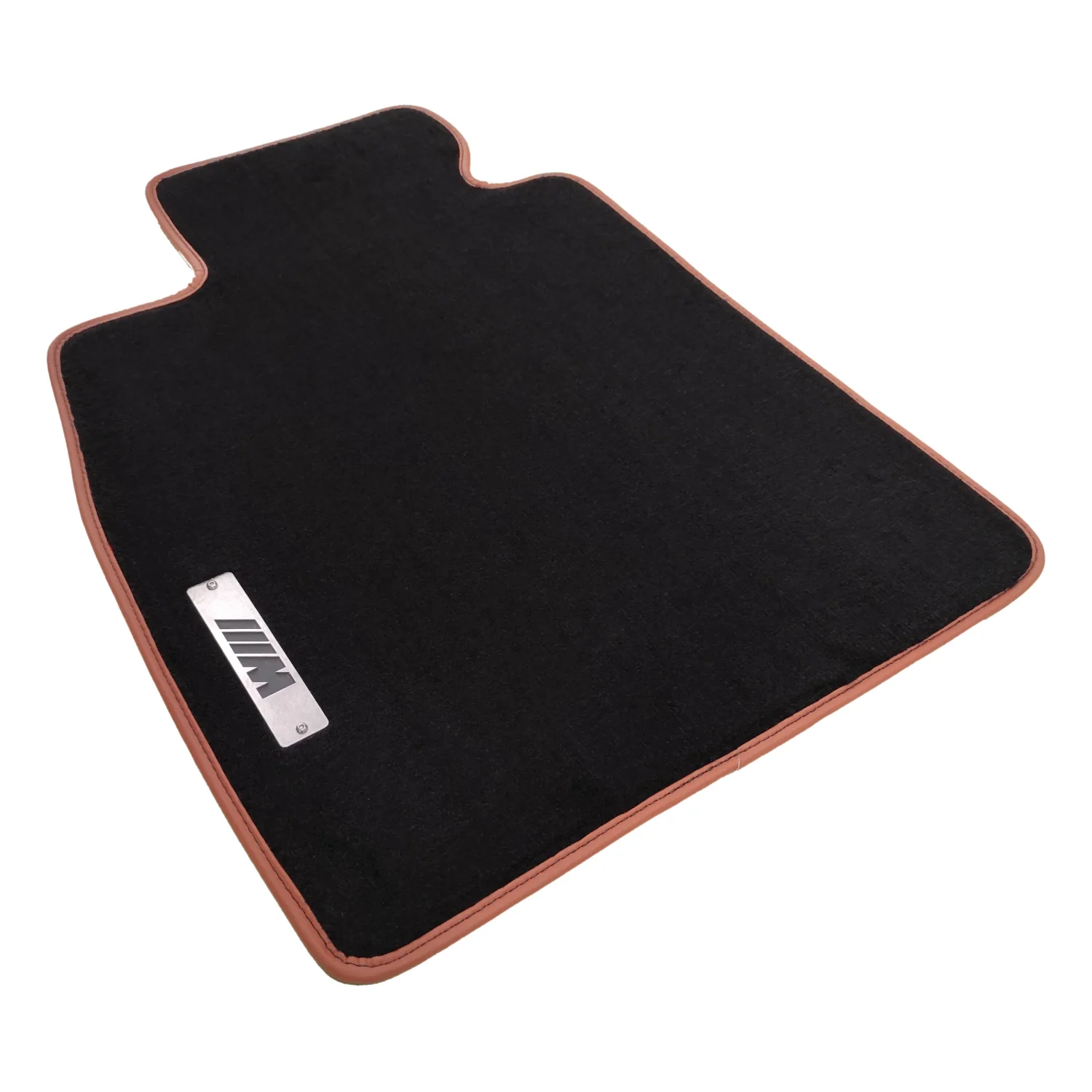 bmw i7 siyah taba halı paspas, taba renk deri kenarlı ve metal m logolu